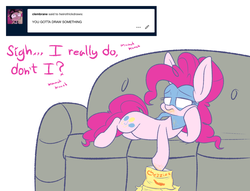 Size: 1280x979 | Tagged: safe, artist:heir-of-rick, pinkie pie, earth pony, pony, g4, ask, chalkzone, chips, couch, dialogue, female, food, mare, snaponka, snappy pie, solo, tumblr