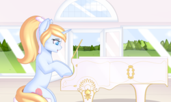 Size: 5000x3000 | Tagged: safe, artist:xcinnamon-twistx, oc, oc:crystal summer, pony, unicorn, bow, cloud, commission, hair bow, musical instrument, nature, open mouth, piano, playing instrument, room, singing, sky, solo, tied mane, tree, window