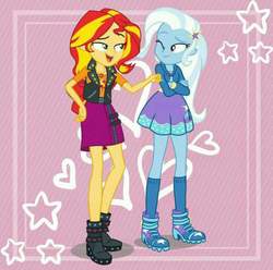Size: 1024x1017 | Tagged: safe, artist:seahawk270, edit, sunset shimmer, trixie, equestria girls, equestria girls specials, g4, my little pony equestria girls: better together, my little pony equestria girls: forgotten friendship, crossed arms, female, geode of empathy, lesbian, low quality, magical geodes, ship:suntrix, shipping