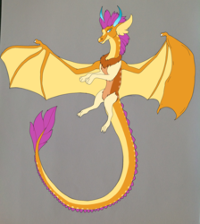 Size: 1887x2107 | Tagged: safe, artist:nightshade2004, smolder, draconequus, g4, colored horn, draconequified, female, gray background, horn, simple background, solo, species swap, spread wings, wings