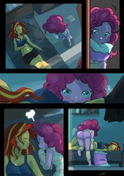 Size: 1450x2048 | Tagged: safe, artist:ku_rimo, pinkie pie, sunset shimmer, human, comic:good night, equestria girls, arm warmers, ass, balloonbutt, bed, blushing, butt, clothes, comic, cute, diapinkes, duo, duo female, eyes closed, female, leg warmers, lesbian, multicolored hair, on bed, pillow, pink hair, pink skin, right to left, shimmerbetes, shipping, shorts, sleeping, sleeveless, sunsetpie, tomboy, yellow skin