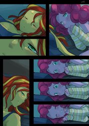 Size: 1450x2048 | Tagged: safe, artist:ku_rimo, pinkie pie, sunset shimmer, human, comic:good night, equestria girls, arm warmers, bed, blushing, comic, cute, diapinkes, eyes closed, female, lesbian, multicolored hair, on bed, pillow, pink hair, pink skin, right to left, shimmerbetes, shipping, sleeveless, smiling, sunsetpie, tomboy, yellow skin