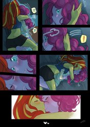 Size: 1450x2048 | Tagged: safe, artist:ku_rimo, pinkie pie, sunset shimmer, human, comic:good night, equestria girls, arm warmers, ass, bed, blushing, bunset shimmer, butt, clothes, comic, cute, daaaaaaaaaaaw, diapinkes, eyes closed, female, hug, lesbian, multicolored hair, on bed, pink hair, pink skin, right to left, shimmerbetes, shipping, shorts, sleeveless, sunsetpie, sweet dreams fuel, tomboy, yellow skin