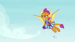 Size: 1920x1080 | Tagged: safe, screencap, smolder, dragon, 2 4 6 greaaat, g4, cheerleader outfit, cheerleader smolder, clothes, confetti, female, flying, solo