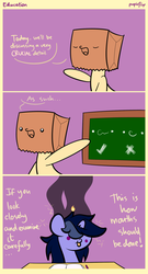 Size: 1064x1977 | Tagged: dead source, safe, artist:php142, oc, oc only, oc:paper bag, oc:purple flix, pony, unicorn, chalkboard, comic, cute, derp, faic, female, fire, male, notebook, paper bag, pencil, school, smoke, solo, text, tongue out, woll smoth