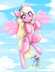Size: 2478x3248 | Tagged: safe, artist:igazella, oc, oc only, oc:bay breeze, pegasus, pony, blushing, bow, cute, female, flying, hair bow, high res, looking at you, mare, ocbetes, sky, tail bow, tongue out