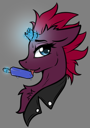 Size: 1624x2292 | Tagged: safe, artist:arjinmoon, tempest shadow, pony, unicorn, g4, broken horn, bust, chest fluff, clothes, female, food, gray background, horn, ice cream, licking, magic, mare, popsicle, portrait, simple background, solo, telekinesis, tongue out