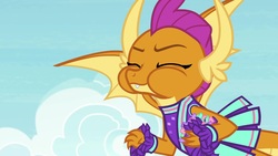 Size: 1920x1080 | Tagged: safe, screencap, smolder, dragon, 2 4 6 greaaat, g4, cheerleader outfit, cheerleader smolder, clothes, female, puffy cheeks, solo
