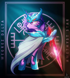 Size: 4300x4770 | Tagged: safe, artist:zidanemina, amethyst star, sparkler, pony, g4, armor, armored pony, asgardian, crossover, female, jewel sword, megrez delta, nordic, norse, saint seiya, solo, sword, vegvisir, weapon