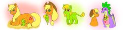 Size: 1280x311 | Tagged: safe, artist:bella-pink-savage, applejack, spike, oc, oc:crispin apple, dracony, hybrid, g4, alternate hairstyle, cute, female, interspecies offspring, loose hair, male, mouth hold, offspring, parent:applejack, parent:spike, parents:applespike, scruff, ship:applespike, shipping, straight