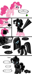 Size: 3840x8760 | Tagged: safe, artist:damlanil, pinkie pie, earth pony, latex pony, pony, g4, balloon, blue sclera, comic, cute, dialogue, female, happy, latex, living latex, mare, pinkamena diane pie, show accurate, simple background, symbiote, transformation, transparent background