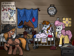 Size: 1230x930 | Tagged: safe, artist:borsch-zebrovich, oc, oc only, oc:calamity, oc:candi, oc:littlepip, oc:railright, earth pony, pegasus, pony, unicorn, fallout equestria, bed, book, clock, clothes, cowboy hat, dashite, fanfic, fanfic art, female, hat, hebrew, hooves, horn, hospital, hospital bed, male, mare, medkit, ministry of peace, new appleloosa, pillow, pipbuck, poster, raised hoof, stallion, wings