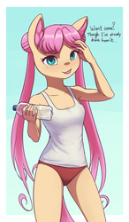Size: 1756x3000 | Tagged: safe, artist:mrscroup, fluttershy, pegasus, anthro, g4, alternate hairstyle, breasts, clothes, female, flattershy, mare, offering, solo, sports panties, tank top, water bottle