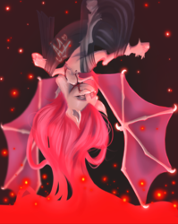 Size: 2851x3581 | Tagged: dead source, safe, artist:thewickedvix, fluttershy, bat pony, pony, g4, bat ponified, bat wings, dancing, female, flutterbat, high res, mare, midnight, race swap, solo, spread wings, upside down, veil, wings