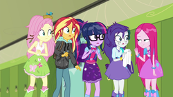 Size: 1280x720 | Tagged: safe, screencap, fluttershy, pinkie pie, rarity, sci-twi, sunset shimmer, twilight sparkle, human, equestria girls, g4, monday blues, my little pony equestria girls: summertime shorts, boots, canterlot high, clothes, female, geode of fauna, geode of sugar bombs, geode of telekinesis, glasses, lockers, magical geodes, pinkamena diane pie, ponytail, shocked, shoes, skirt, socks, wet hair