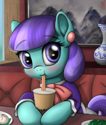 Size: 2332x2752 | Tagged: safe, artist:celsian, mixed berry, earth pony, pony, g4, background pony, blushing, bubble tea, bun, china, clothes, cute, cuteaberry, drink, drinking, drinking straw, ear fluff, ear piercing, earring, eyebrows, eyebrows visible through hair, female, food, high res, jewelry, looking at you, mare, painting, piercing, restaurant, signature, sitting, smiling, solo, straw, sucking, tea, vase, waifu dinner