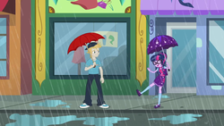 Size: 1280x720 | Tagged: safe, screencap, gold rush (g4), sci-twi, twilight sparkle, equestria girls, g4, monday blues, my little pony equestria girls: summertime shorts, backwards ballcap, baseball cap, cap, clothes, female, geode of telekinesis, glasses, hat, magical geodes, male, mary janes, sci-twi outfits, shoes, smiling, socks, umbrella, wet hair