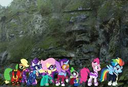 Size: 1088x735 | Tagged: safe, artist:kayman13, applejack, fili-second, fluttershy, mistress marevelous, pinkie pie, radiance, rainbow dash, rarity, saddle rager, spike, twilight sparkle, zapp, alicorn, dragon, pony, g4, cliff, clothes, confused, costume, humdrum costume, irl, looking at each other, looking left, looking up, mane seven, mane six, masked matter-horn costume, photo, ponies in real life, pose, power ponies, smiling, twilight sparkle (alicorn)