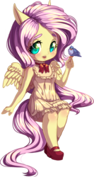 Size: 652x1226 | Tagged: safe, artist:kittehkatbar, fluttershy, bird, pegasus, anthro, plantigrade anthro, g4, blushing, clothes, cute, female, mare, shyabetes, simple background, solo, transparent background