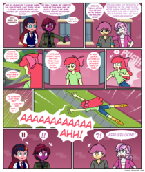 Size: 862x1026 | Tagged: safe, artist:crydius, apple bloom, scootaloo, sweetie belle, oc, oc:eldritch, oc:gamma, android, comic:ardent, equestria girls, g4, my little pony: the movie, biography, clothes, comic, glowing text, imminent death, imminent injury, jacket, leather jacket, leather pants, leather shoes, looking at you, magical hetero spawn, magical lesbian spawn, male, no pupils, offspring, pants, parent:oc:crydius, parent:sci-twi, parent:sunset shimmer, parent:tempest shadow, parents:canon x oc, parents:crydiusshadow, parents:scitwishimmer, scientific lesbian spawn, shipping, smiling
