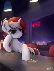 Size: 2183x2873 | Tagged: safe, artist:av-4, artist:avastin4, oc, oc only, oc:stock piston, pony, unicorn, ashtray, bar, cigarette, diner, female, high res, looking at you, rtx, solo, stars, sunset, truck