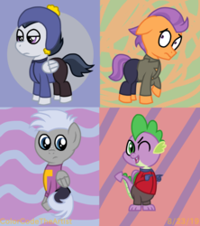 Size: 1600x1800 | Tagged: safe, artist:colorcodetheartist, chipcutter, rumble, spike, tender taps, dragon, earth pony, pegasus, pony, g4, abstract background, clothes, clyde donovan, colt, craig tucker, crossover, finger gun, finger guns, male, south park, token black, tweek tweak, winged spike, wings