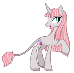 Size: 1230x1203 | Tagged: safe, artist:askbubblelee, oc, oc only, oc:rosie quartz, pony, unicorn, curved horn, female, horn, leonine tail, mare, raised hoof, show accurate, simple background, smiling, solo, transparent background