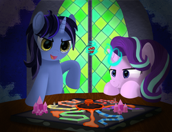 Size: 3235x2500 | Tagged: safe, artist:spellboundcanvas, starlight glimmer, oc, oc:dynamo pad, pony, unicorn, g4, board game, dice, dragon pit, duo, high res, magic, stained glass