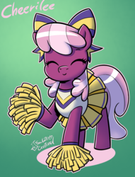 Size: 963x1258 | Tagged: safe, artist:soulcentinel, cheerilee, earth pony, pony, g4, bow, cheeribetes, cheerileeder, cheerleader, cheerleader outfit, clothes, cute, eyes closed, female, hair bow, mare, moe, pleated skirt, pom pom, raised hoof, skirt, smiling, solo