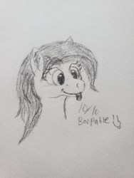 Size: 4032x3024 | Tagged: safe, artist:kalashnikitty, oc, oc only, oc:flugel, pony, black and white, boopable, bust, cute, female, grayscale, happy, mare, monochrome, pencil drawing, sketch, solo, tongue out, traditional art