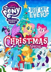 Size: 1074x1500 | Tagged: safe, applejack, fluttershy, pinkie pie, rainbow dash, rarity, twilight sparkle, alicorn, earth pony, pegasus, pony, unicorn, g4, my little pony best gift ever, applejack's hat, bow, christmas, christmas presents, christmas tree, cowboy hat, cutie mark, eyes closed, female, hat, holiday, mare, my little pony logo, ponyville, smiling, snow, tree, twilight sparkle (alicorn), wings