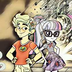 Size: 480x480 | Tagged: safe, sci-twi, timber spruce, twilight sparkle, equestria girls, equestria girls series, g4, my little pony equestria girls: legend of everfree, camp everfree outfits, clothes, female, geode of telekinesis, glasses, magical geodes, male, ponytail, shipping, skirt, smiling, straight, timbertwi