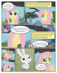 Size: 612x792 | Tagged: safe, artist:newbiespud, edit, edited screencap, screencap, angel bunny, fluttershy, twilight sparkle, pegasus, pony, rabbit, unicorn, comic:friendship is dragons, dragonshy, g4, animal, annoyed, carrot, comic, crossed arms, dialogue, female, food, looking up, male, mare, mountain, onomatopoeia, screencap comic, smoke, unicorn twilight
