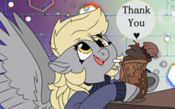 Size: 1920x1200 | Tagged: safe, artist:brainiac, derpy hooves, pegasus, pony, g4, clothes, female, food, mare, milkshake, muffin, solo, sweater, text, thank you