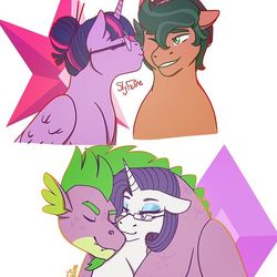 Size: 640x640 | Tagged: safe, artist:slyfeline, rarity, spike, timber spruce, twilight sparkle, alicorn, dragon, earth pony, pony, unicorn, g4, adult, adult spike, alternate hairstyle, alternate universe, cutie mark background, eyes closed, female, glasses, i can't believe it's not sci-twi, kissing, male, mare, older, older spike, ship:sparity, shipping, straight, timbertwi, twilight sparkle (alicorn), twilight's professional glasses