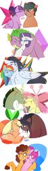 Size: 1280x4503 | Tagged: safe, artist:slyfeline, applejack, cheese sandwich, discord, fluttershy, pinkie pie, rainbow dash, rarity, soarin', spike, timber spruce, trouble shoes, twilight sparkle, alicorn, draconequus, dragon, earth pony, pegasus, pony, unicorn, g4, adult, adult spike, alternate hairstyle, alternate universe, beanie, cheek kiss, eyes closed, female, glasses, hat, hug, i can't believe it's not sci-twi, kissing, male, mane seven, mane six, mare, older, older spike, one eye closed, ship:cheesepie, ship:discoshy, ship:soarindash, ship:sparity, shipping, simple background, stallion, straight, timbertwi, troublejack, twilight sparkle (alicorn), twilight's professional glasses, white background