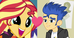 Size: 1168x598 | Tagged: safe, edit, edited screencap, screencap, flash sentry, sunset shimmer, equestria girls, g4, my little pony equestria girls: better together, wake up!, wake up!: pinkie pie, female, male, ship:flashimmer, shipping, shipping domino, straight