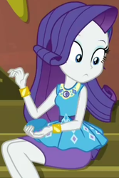 Size: 682x1020 | Tagged: safe, screencap, rarity, costume conundrum, equestria girls, equestria girls series, g4, spoiler:eqg series (season 2), clothes, cropped, cute, female, geode of shielding, gold, guitar, jewelry, looking down, magical geodes, musical instrument, raribetes, rarity peplum dress, sitting, stairs, sunset's apartment, wrist cuffs