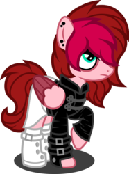 Size: 772x1035 | Tagged: safe, artist:buckeyescozycafe, oc, oc only, oc:mallory, pegasus, pony, boots, clothes, ear piercing, earring, eyeshadow, female, fingerless gloves, gloves, jacket, jewelry, leather jacket, makeup, mare, piercing, raised hoof, shoes, simple background, skirt, socks, solo, transparent background