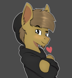 Size: 2520x2731 | Tagged: safe, artist:almond evergrow, oc, oc only, oc:almond evergrow, earth pony, pony, beanie, black hoodie, brown horse, geek, hat, heart, high res, solo