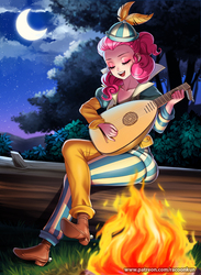 Size: 880x1200 | Tagged: safe, alternate version, artist:racoonsan, pinkie pie, human, dungeons and discords, g4, bard, bard pie, campfire, clothes, commission, commissioner:imperfectxiii, cute, diapinkes, dungeons and dragons, eyes closed, fantasy class, female, humanized, log, lute, moon, musical instrument, night, night sky, ogres and oubliettes, open mouth, pixiv, sitting, sky, solo