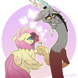 Size: 1280x1280 | Tagged: safe, artist:sirskipper, discord, fluttershy, butterfly, g4, abstract background, blushing, cute, discute, duo, female, floppy ears, flower, male, shyabetes