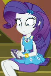 Size: 696x1037 | Tagged: safe, screencap, rarity, costume conundrum, equestria girls, equestria girls series, g4, spoiler:eqg series (season 2), cellphone, cropped, cute, female, geode of shielding, gold, guitar, iphone, jewelry, legs, magical geodes, musical instrument, phone, raribetes, sitting, sleeveless, smartphone, stairs, sunset's apartment, wrist cuffs