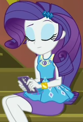 Size: 692x1011 | Tagged: safe, screencap, rarity, costume conundrum, equestria girls, g4, my little pony equestria girls: better together, cellphone, cropped, eyes closed, female, geode of shielding, guitar, iphone, magical geodes, musical instrument, phone, raised eyebrow, rarity peplum dress, sitting, smartphone, solo, stairs, sunset's apartment
