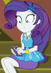 Size: 712x1024 | Tagged: safe, screencap, rarity, costume conundrum, equestria girls, equestria girls series, g4, spoiler:eqg series (season 2), cellphone, clothes, cropped, female, geode of shielding, guitar, iphone, magical geodes, musical instrument, pencil skirt, phone, raised eyebrows, rarity peplum dress, skirt, smartphone, smiling, solo, stairs, sunset's apartment, text, wide eyes
