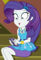 Size: 709x1035 | Tagged: safe, screencap, rarity, equestria girls, equestria girls series, g4, spoiler:eqg series (season 2), cellphone, clothes, cropped, female, geode of shielding, guitar, iphone, magical geodes, musical instrument, pencil skirt, phone, raised eyebrows, rarity peplum dress, sitting, skirt, skirt lift, smartphone, smiling, solo, stairs, sunset's apartment, text, wide eyes