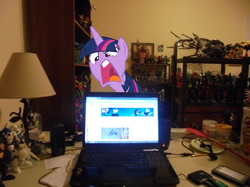 Size: 1278x954 | Tagged: safe, artist:eli-j-brony, artist:pink1ejack, twilight sparkle, alicorn, pony, every little thing she does, g4, bionicle, computer, crossover, how do you make your neck go like that?, irl, laptop computer, lego, photo, ponies in real life, toa, twilight sparkle (alicorn)