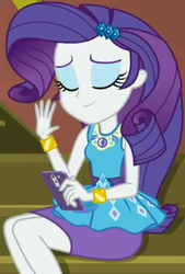 Size: 688x1018 | Tagged: safe, screencap, rarity, costume conundrum, equestria girls, g4, my little pony equestria girls: better together, cellphone, clothes, cropped, don't be jealous, eyes closed, female, geode of shielding, guitar, iphone, magical geodes, musical instrument, pencil skirt, phone, raised hand, rarity peplum dress, sitting, skirt, smartphone, smiling, solo, stairs, sunset's apartment, text