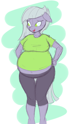 Size: 1310x2140 | Tagged: safe, artist:funble, limestone pie, anthro, unguligrade anthro, g4, bashful, belly, big belly, breasts, female, midriff, pregnant, pregnant limestone, smiling, solo, when she smiles