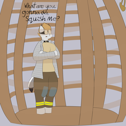 Size: 2500x2500 | Tagged: safe, artist:lupin quill, oc, oc only, oc:tessidae, breezie, anthro, unguligrade anthro, series:breezie in a cage (weight gain), breezie oc, cage, captured, clothes, collar, crossed arms, dialogue, feed bag, goggles, high res, open mouth, tail, this will end in weight gain, weight gain, weight gain sequence, wings
